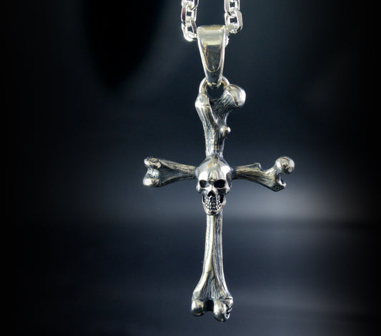 Bone cross pendant with solid sterling silver skull, Memento mori pendant, Realistic bones and skulls