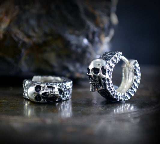 Hammered Hoops with Skull, Handmade Silver Earrings