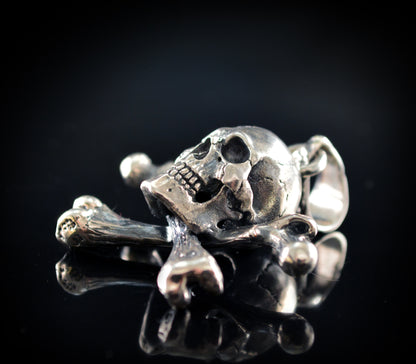 Silver Skull and Crossbones Pendant, Jolly Roger Necklace, Realistic Pirate Skull, Memento Mori