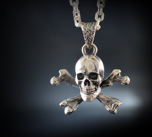 Silver Skull and Crossbones Pendant, Jolly Roger Necklace, Realistic Pirate Skull, Memento Mori