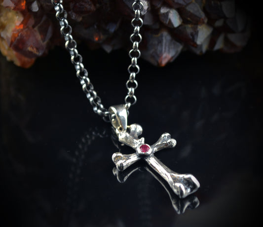Solid Silver Crossbones Pendant with Natural Ruby, Handmade Gothic Jewelry