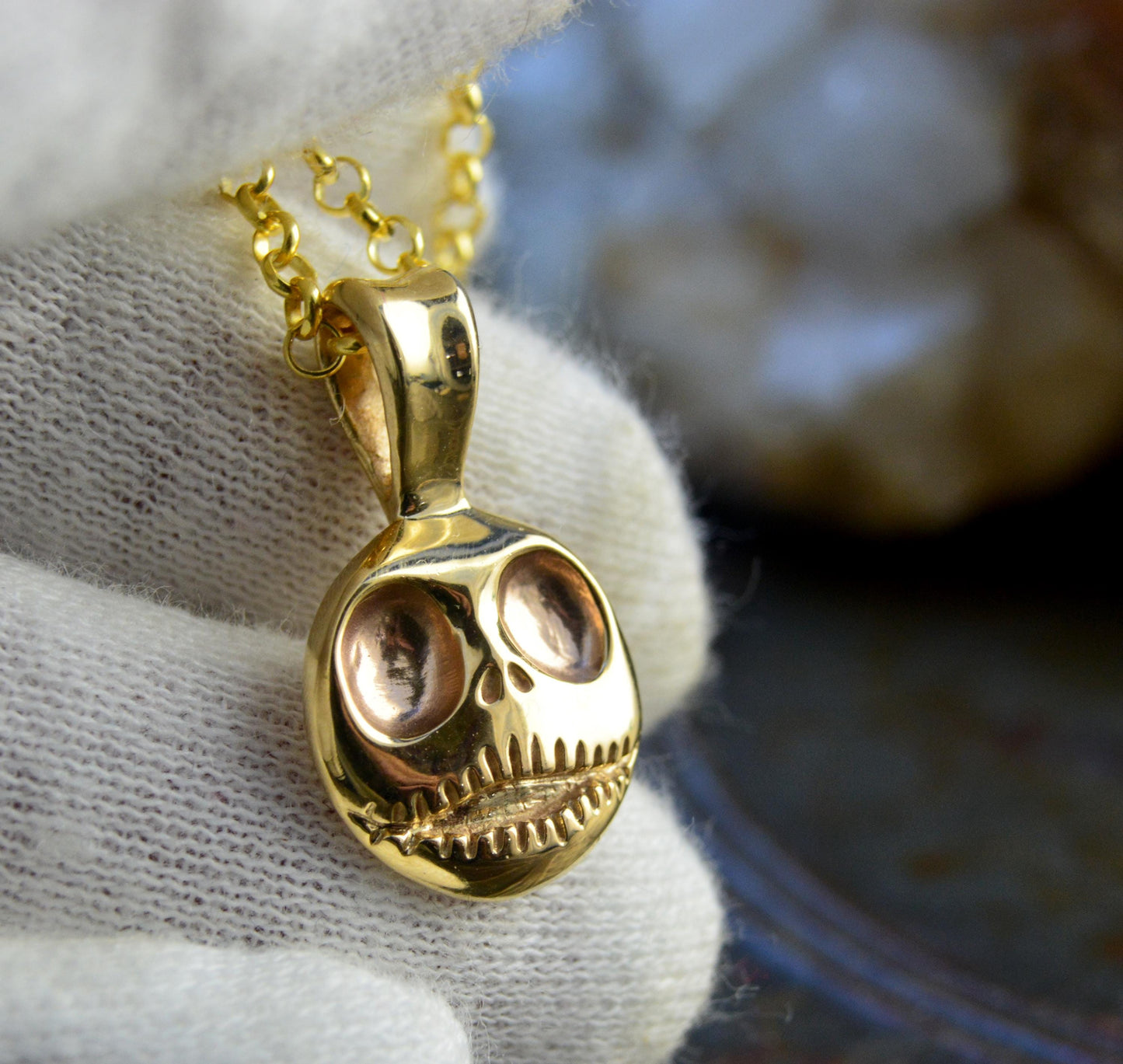 Colgante de Jack Skellington de oro macizo, joyería de calavera gótica, Pesadilla antes de Navidad, collar Wimsigoth