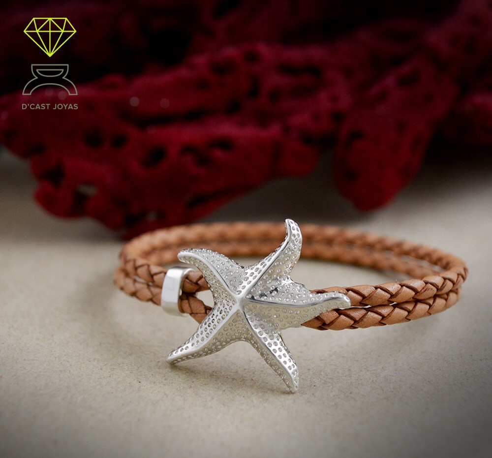 Pulsera plata  oxidada y cuero estrella de mar, Pulsera de plata 925 estrella, Pulsera de cuero y plata  para surfistas, Joyería del mar - D´Cast