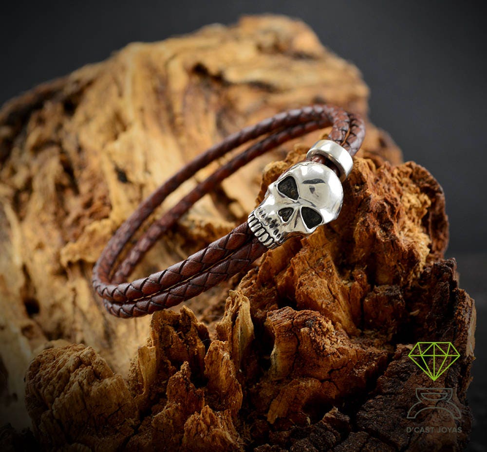 Brazalete calavera plata y cuero, Calavera pulsera hombre - D´Cast