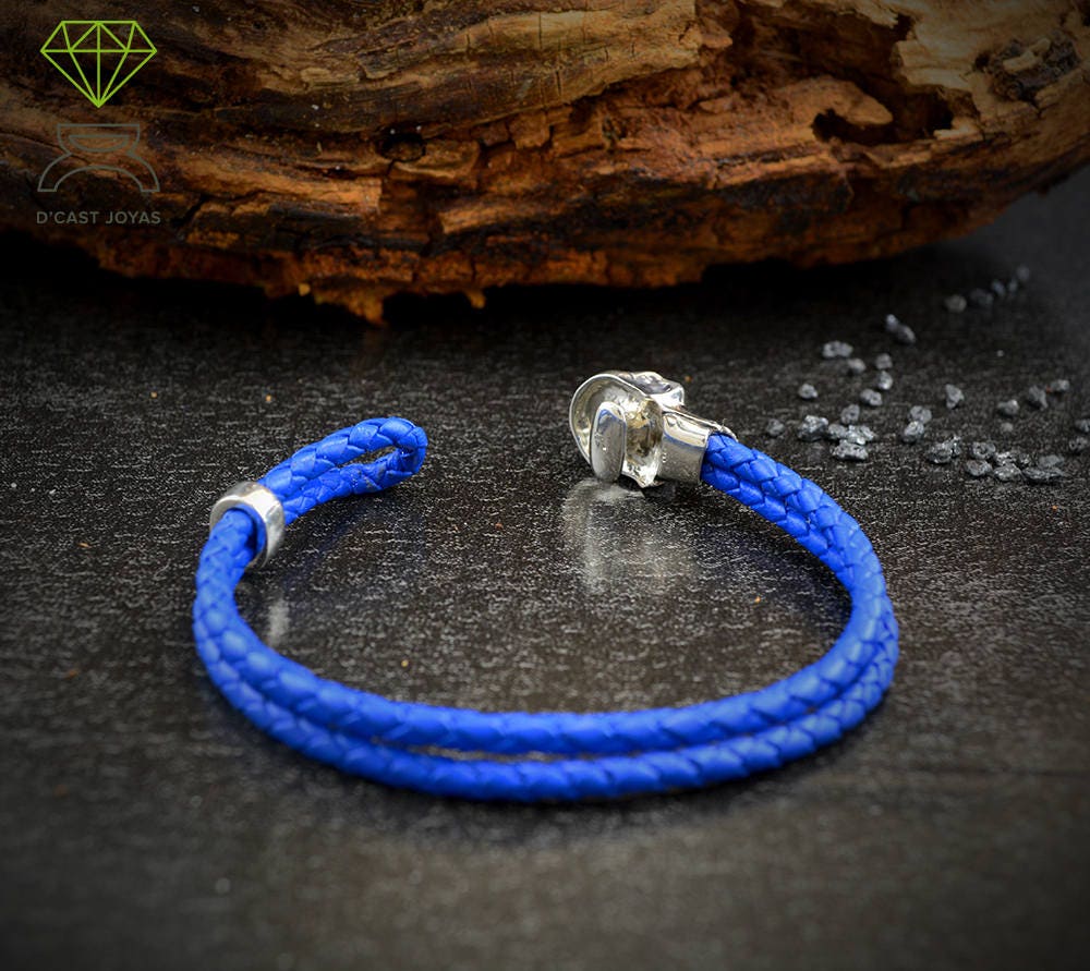 Brazalete calavera plata y cuero, Calavera pulsera hombre - D´Cast