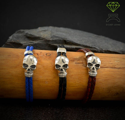 Brazalete calavera plata y cuero, Calavera pulsera hombre - D´Cast