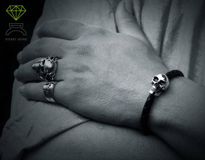 Pulsera Calavera  plata de ley y cuero, Brazalete calavera hombre, Brazalete cuero artesanal, Joyería hombre - D´Cast