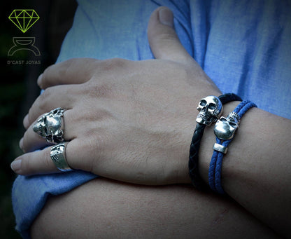 Pulsera Calavera  plata de ley y cuero, Brazalete calavera hombre, Brazalete cuero artesanal, Joyería hombre - D´Cast