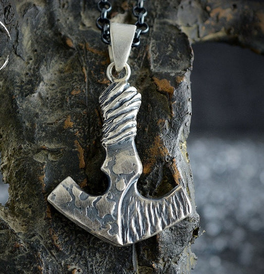 Hammered Texture Viking Amulet Necklace, Mjolnir Silver Pendant