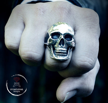 Anillo Calavera Plata 925 maciza, Anillo craneo humano completo, Anillo motero, Hecho a mano, Memento Mori - D´Cast