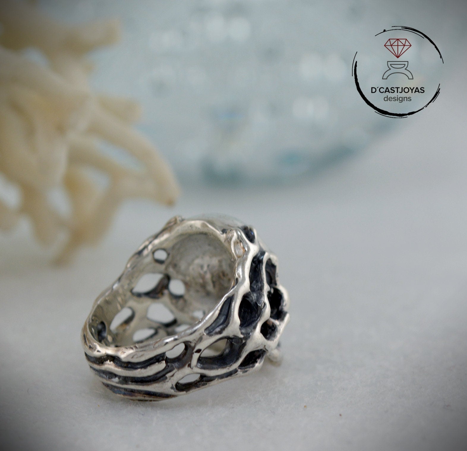 Anillo calavera plata 925 para mujer u hombre, Anillo  calavera con ramas de coral, Anillo artesanal, Anillo de plata para motero - D´Cast