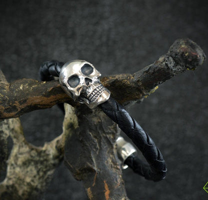 Pulsera Calavera  plata de ley y cuero, Brazalete calavera hombre, Brazalete cuero artesanal, Joyería hombre - D´Cast