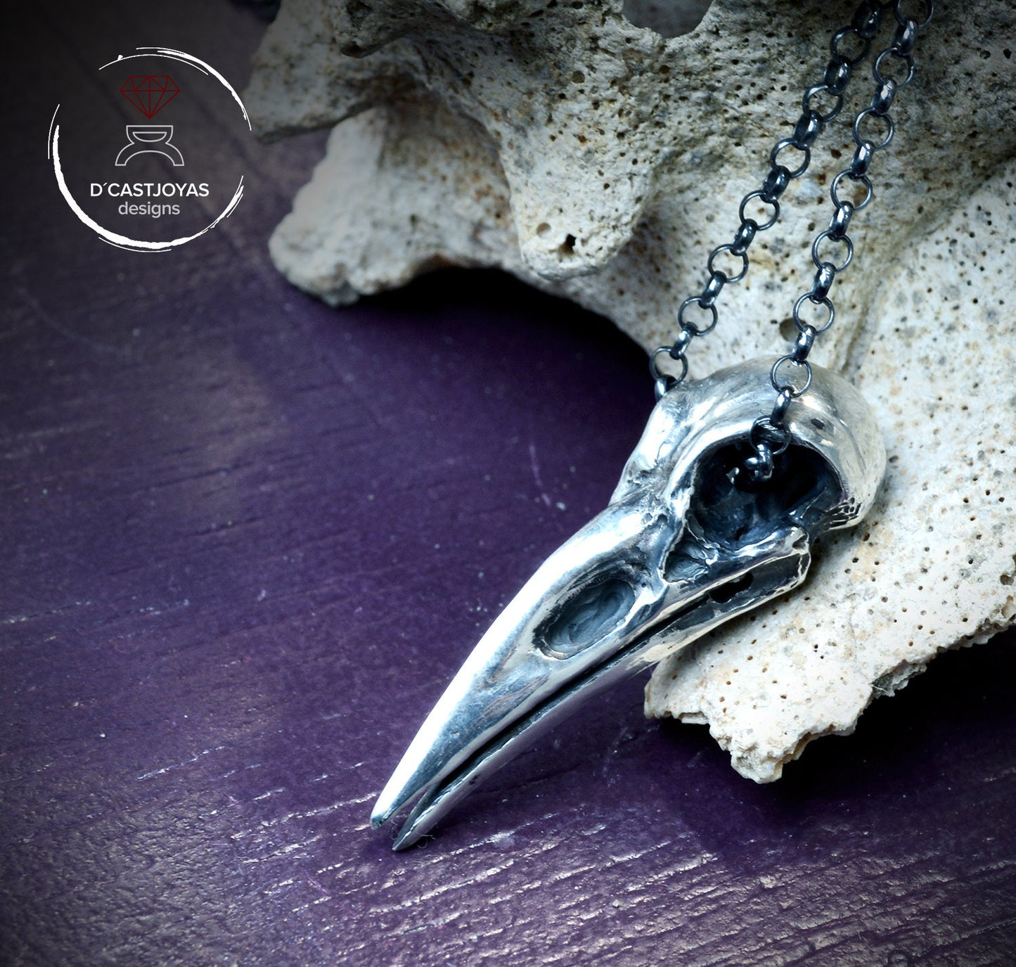 Large sterling silver raven skull, Viking bird skull necklace