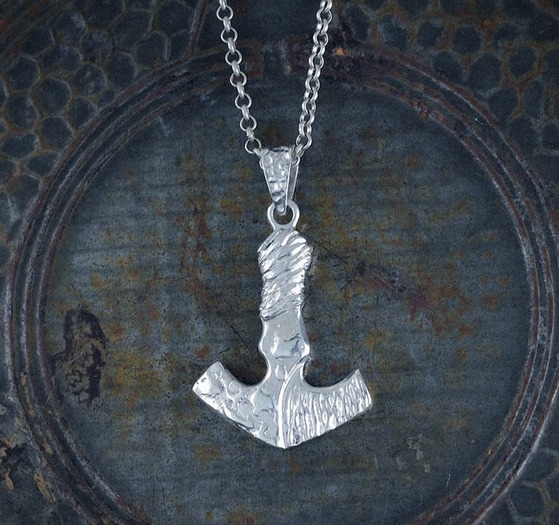 Hammered Texture Viking Amulet Necklace, Mjolnir Silver Pendant