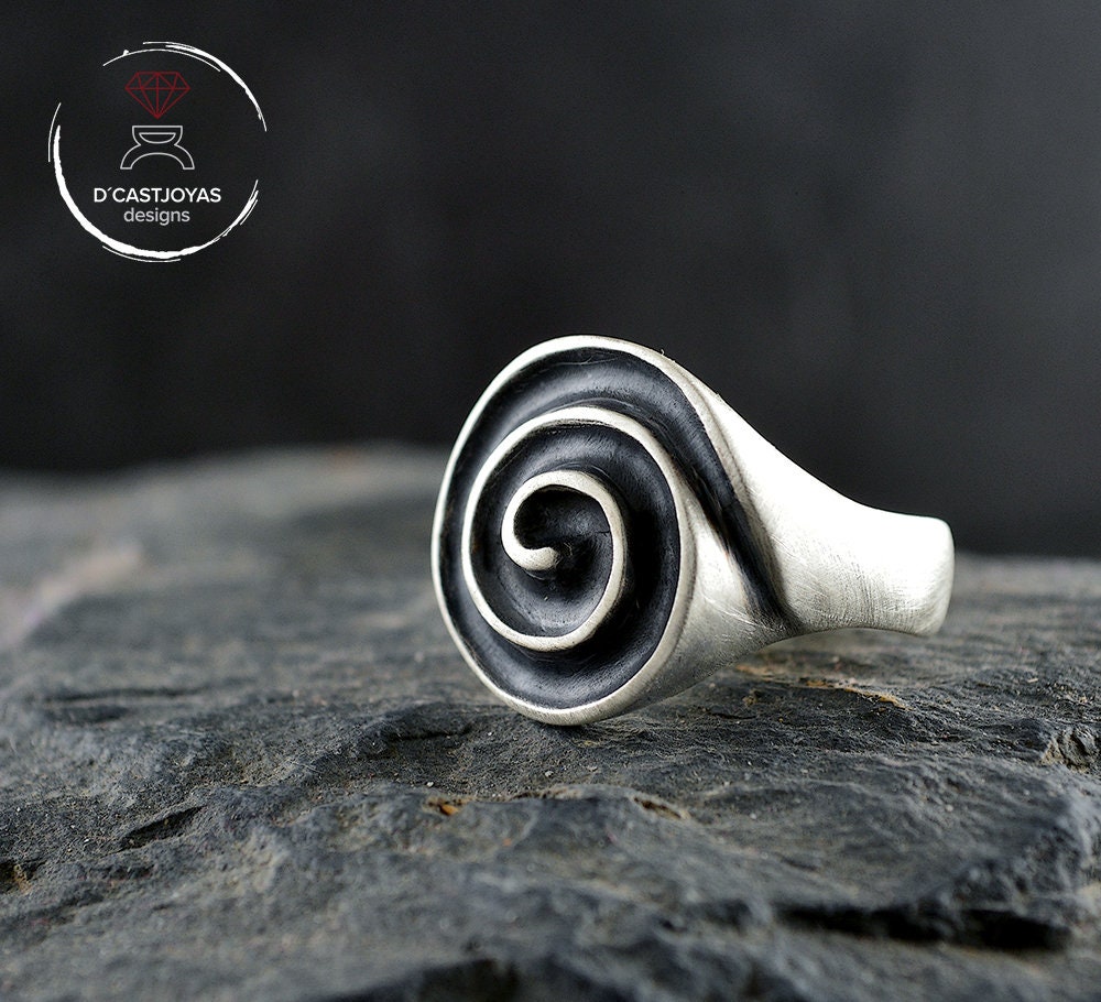 Anillo plata Espiral celta Estilo Boho, Anillo sello redondeado para hombre y mujer, Anillo artesanal - D´Cast