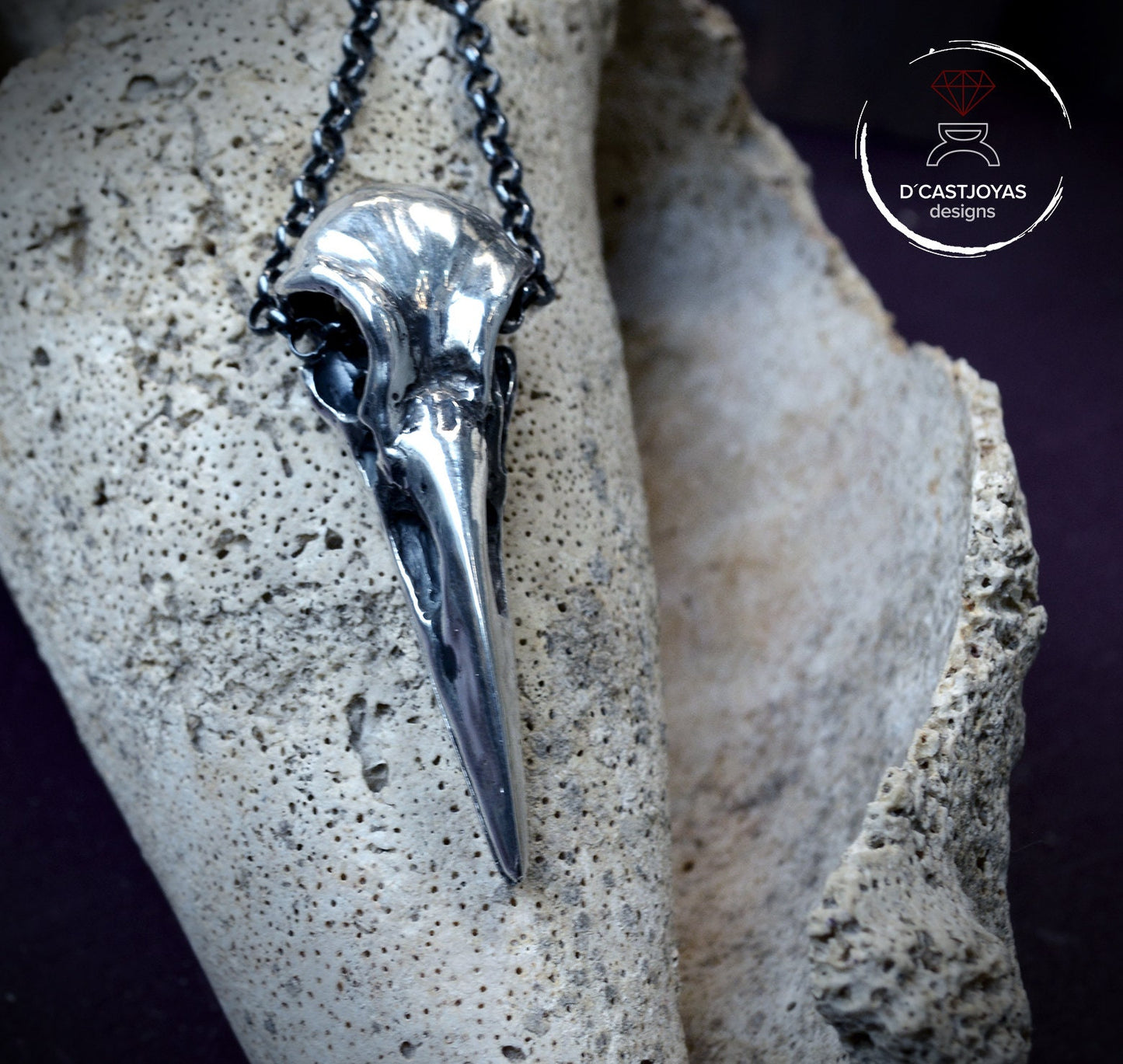 Large sterling silver raven skull, Viking bird skull necklace