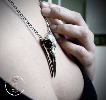 Large sterling silver raven skull, Viking bird skull necklace