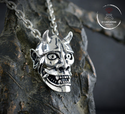 Sterling silver Oni demon mask pendant from Japan, Hannya mask necklace