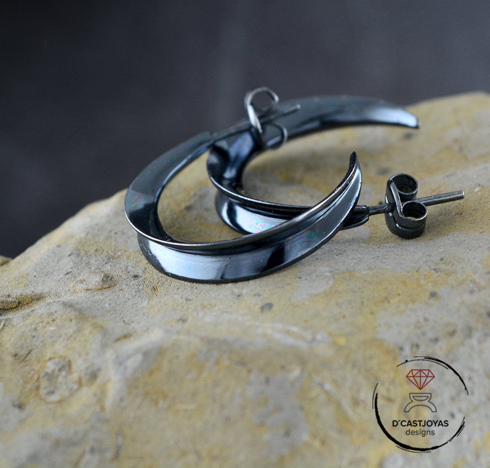 Half-moon hoop earrings with hammered texture and oxidized finish, Contemporary style hoops, Handmade in sterling silver