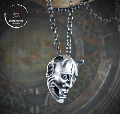 Sterling silver Oni demon mask pendant from Japan, Hannya mask necklace