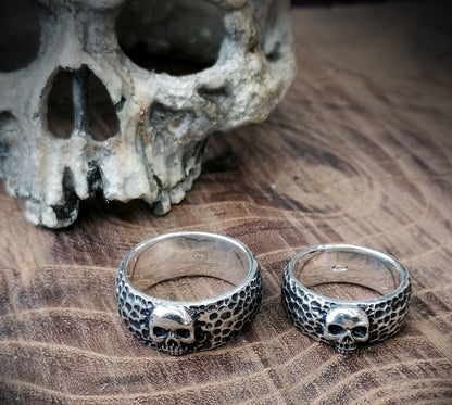 Skull Rings, Hammered Silver Wedding Band, Skull Wedding Bands, Biker Wedding Bands, Gothic Wedding Bands, Punk Girlfriend Gift