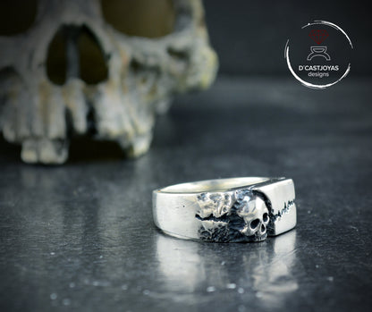 925 silver skull seal ring, Cracked rock texture seal ring, Mens jewelry, Handmade ring