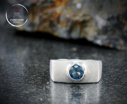 Men's sterling silver ring with blue stone, signet ring with natural blue topaz