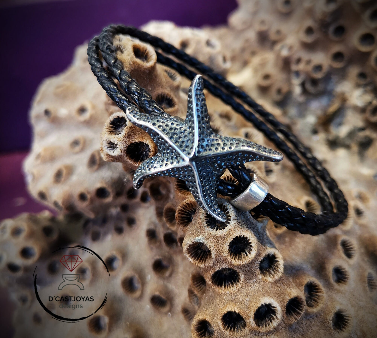 Pulsera plata  oxidada y cuero estrella de mar, Pulsera de plata 925 estrella, Pulsera de cuero y plata  para surfistas, Joyería del mar - D´Cast