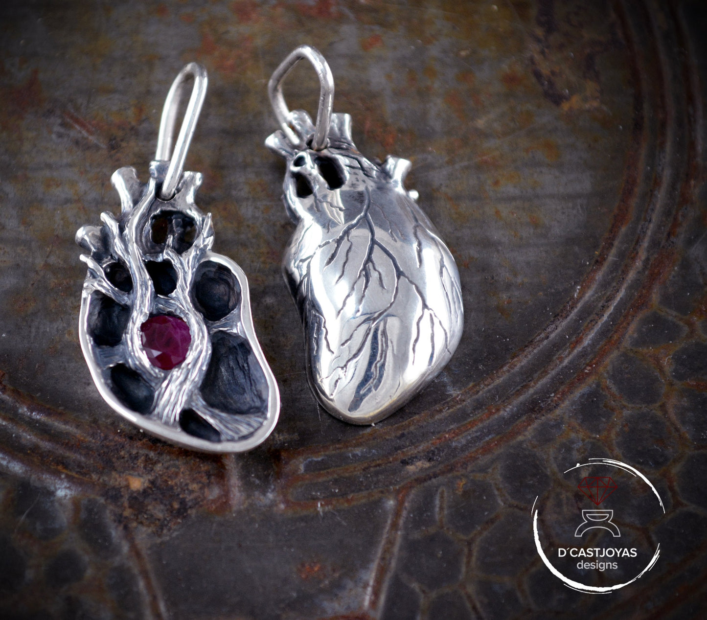 Sterling silver pendant with natural tanzanite, Human heart pendant with natural ruby, Mother's Day special gift