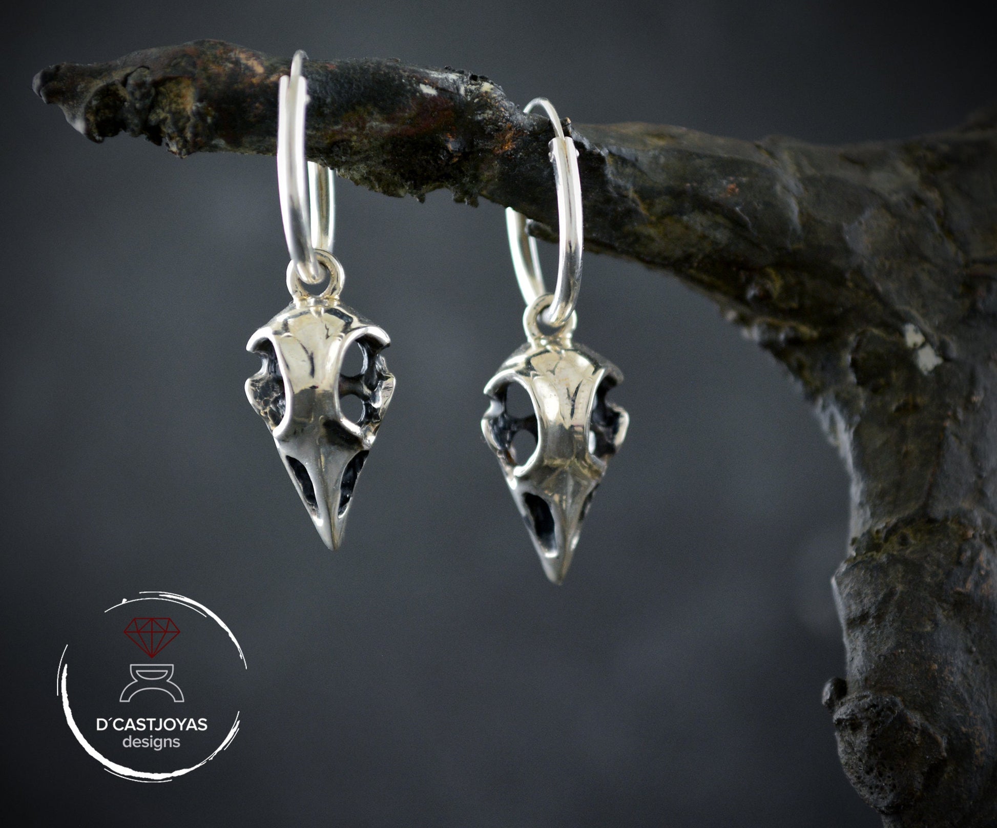 Aros de plata  cuervos de Odín  con texturas oxidadas,Pendientes vikingos - D´Cast