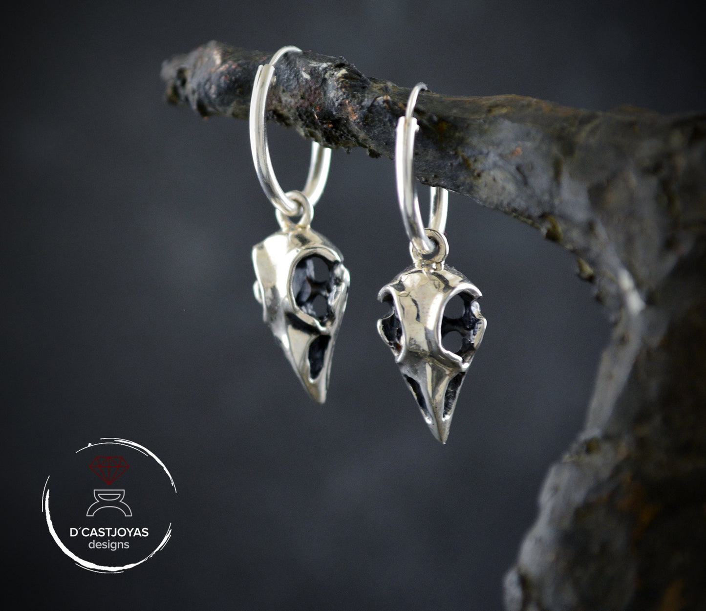 Aros de plata  cuervos de Odín  con texturas oxidadas,Pendientes vikingos - D´Cast