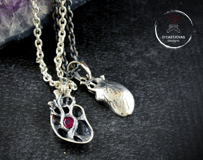 Sterling silver pendant with natural tanzanite, Human heart pendant with natural ruby, Mother's Day special gift