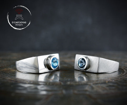 Herrenring aus Sterlingsilber mit blauem Stein, Siegelring mit natürlichem Blautopas