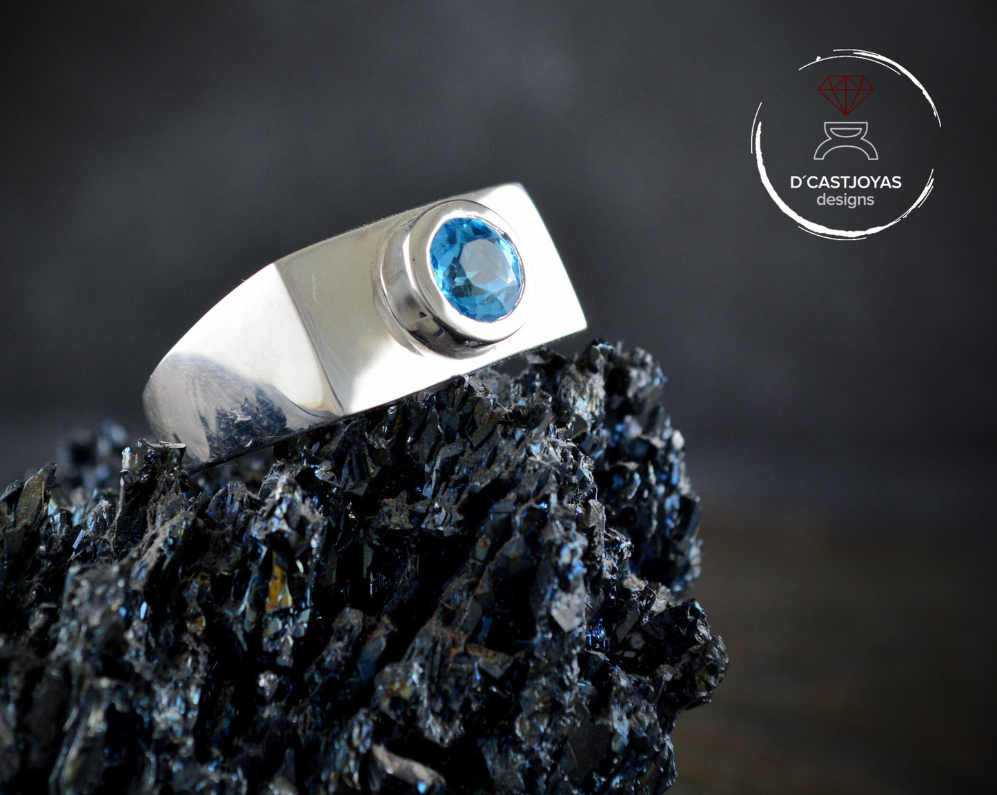 Men's sterling silver ring with blue stone, signet ring with natural blue topaz