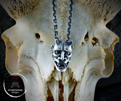 Sterling silver Oni demon mask pendant from Japan, Hannya mask necklace