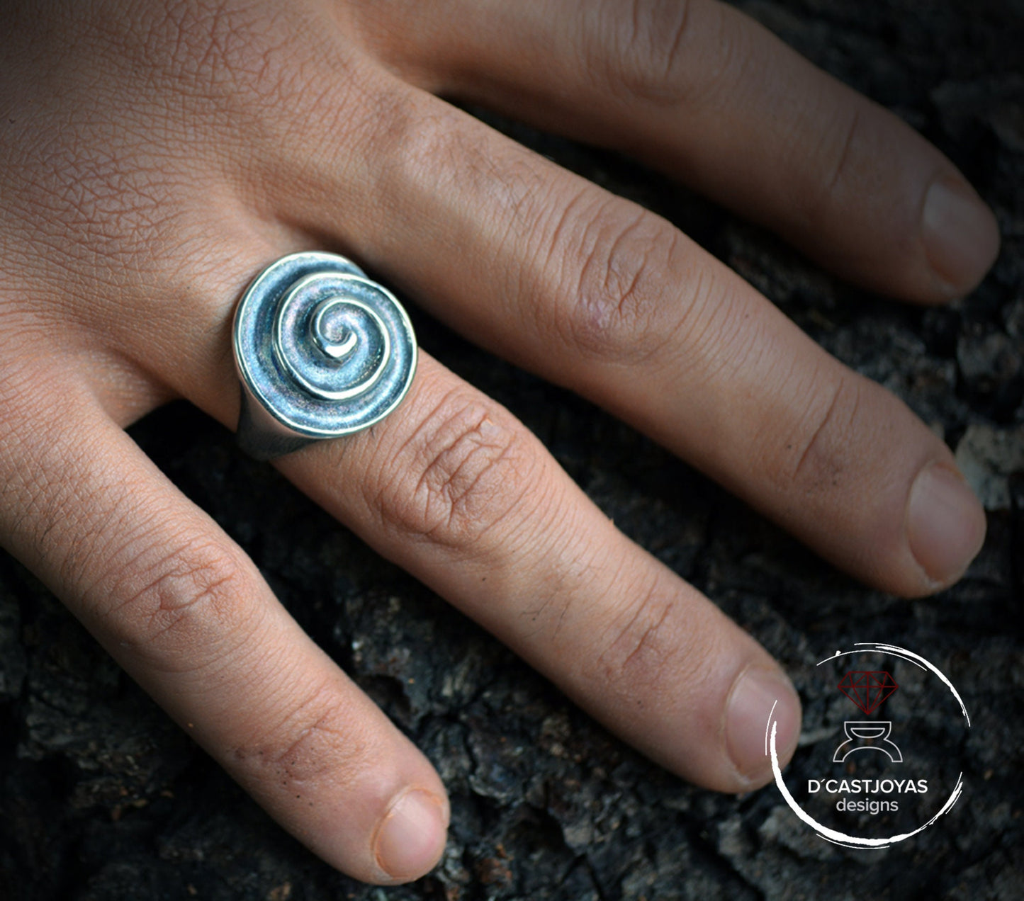 Anillo plata Espiral celta Estilo Boho, Anillo sello redondeado para hombre y mujer, Anillo artesanal - D´Cast