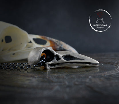 Large sterling silver raven skull, Viking bird skull necklace