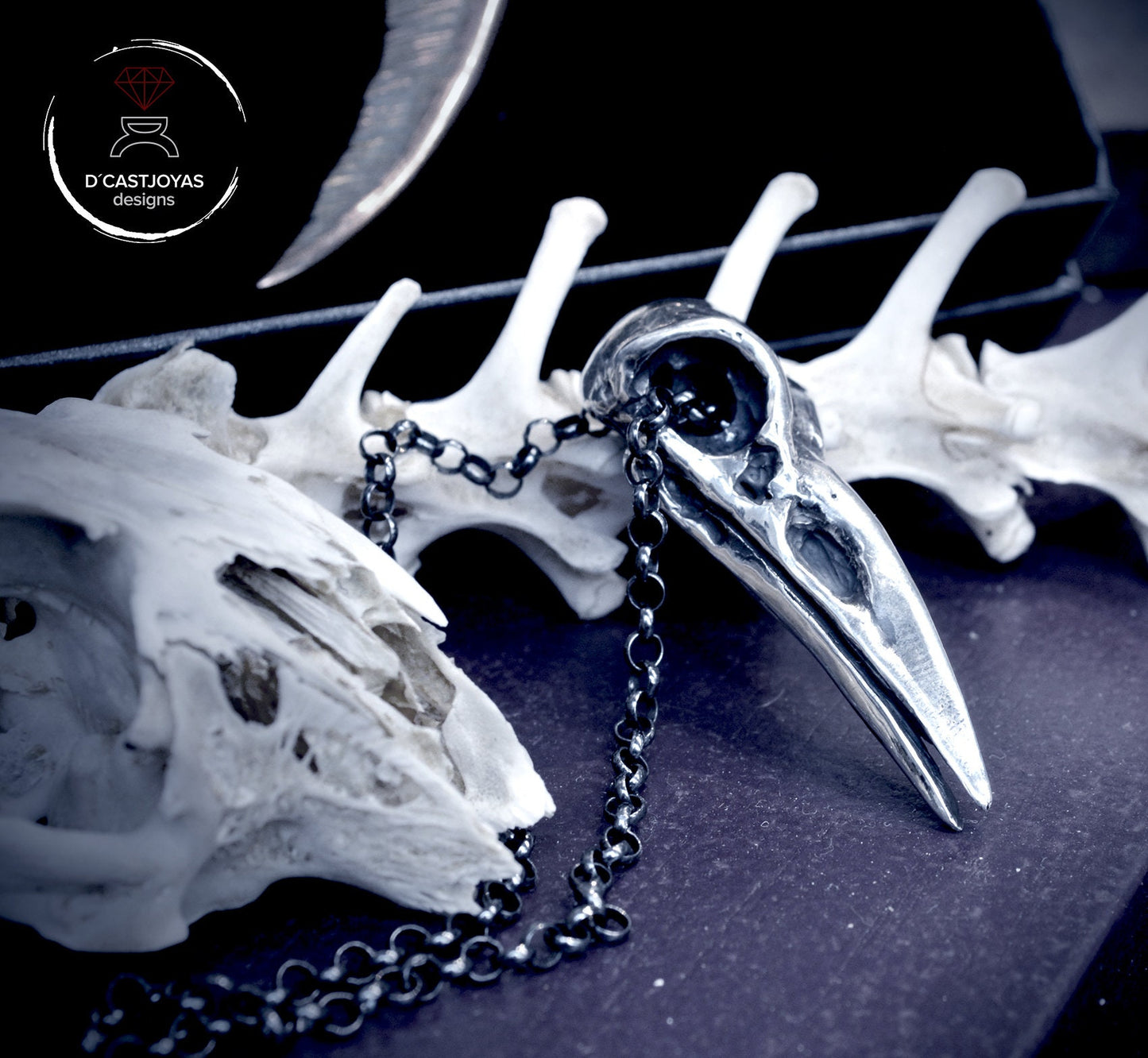 Large sterling silver raven skull, Viking bird skull necklace