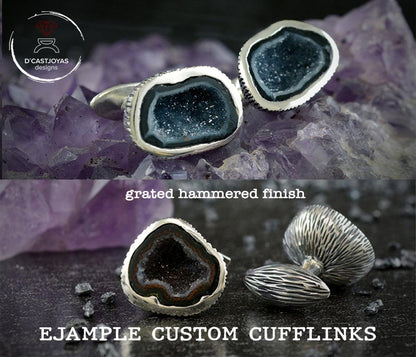 Gemelos de plata personalizados exclusivos con piedra Tabasco Baby Geode - D´Cast