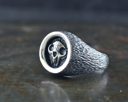 Anillo sello con calavera de gato en plata de ley - D´Cast