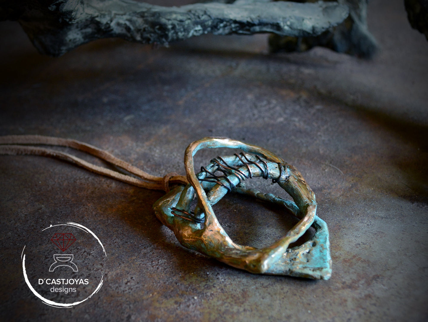 Artistic Galaxy pendant handmade in bronze with hammered textures, Contemporary Jewelry