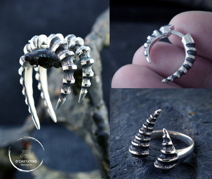 Conjunto anillo y pendientes cuerno de dragón hecho a mano en plata de ley - D´Cast