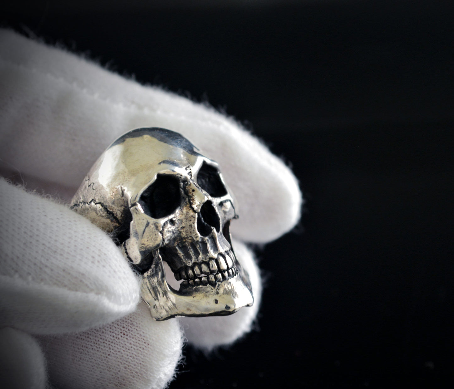 Anillo Calavera en plata de ley, Cráneo humano completo, Memento mori, Rock and Roll - D´Cast