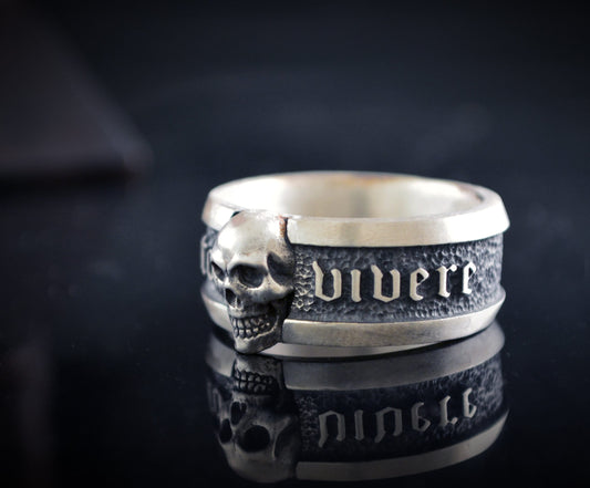 Anillo banda Memento Vivere con calavera en plata de ley maciza, Anillo calavera hombre - D´Cast