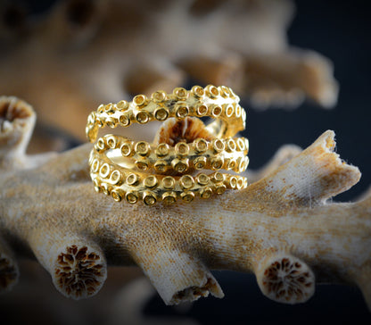 Anillo tentáculos pulpo chapado en oro 22k sobre plata 925y, Anillo ajustable tentáculos , Joyería del mar - D´Cast