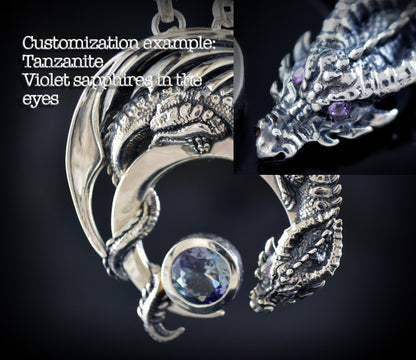 Colgante de plata dragón con  topacio natural azul, Dragon de la Media Luna - D´Cast