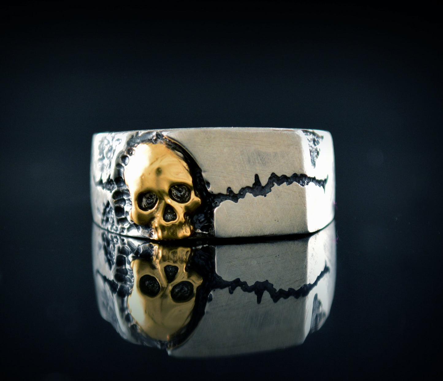 925 silver skull seal ring, Cracked rock texture seal ring, Mens jewelry, Handmade ring