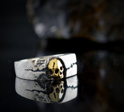 925 silver skull seal ring, Cracked rock texture seal ring, Mens jewelry, Handmade ring