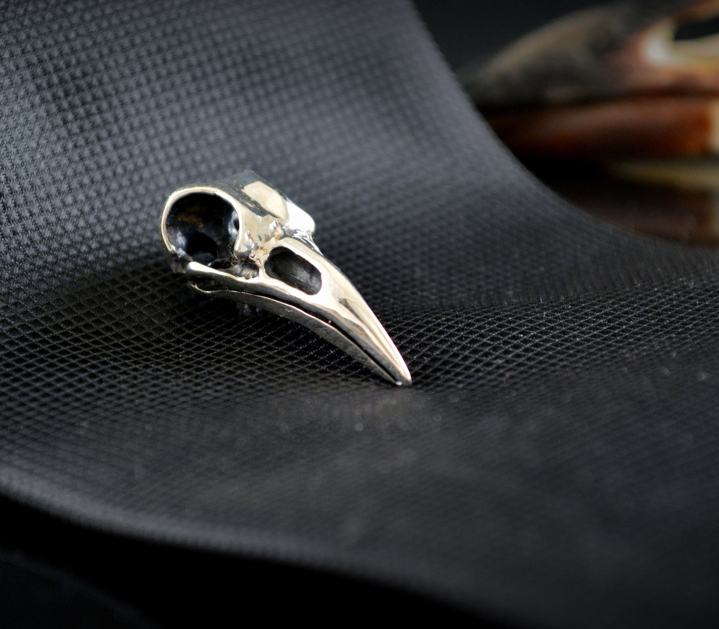 Silver Skull Raven Tie Pin, Solid Silver Viking Raven Brooch, Men's Brooch