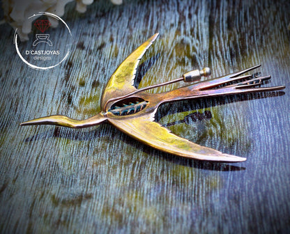 Broche bronce Pájaro, Ave Fenix Plata, Broche Grulla  Volando plata, Joyería  Naturaleza, Broche artístico, Hecho a mano - D´Cast